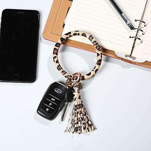 Leather Key Ring Bracelet Keychain, Bling Belle Large Circle Tassel Wristlet Keychain Bangle Key Ring for Women and Girls, Leopard