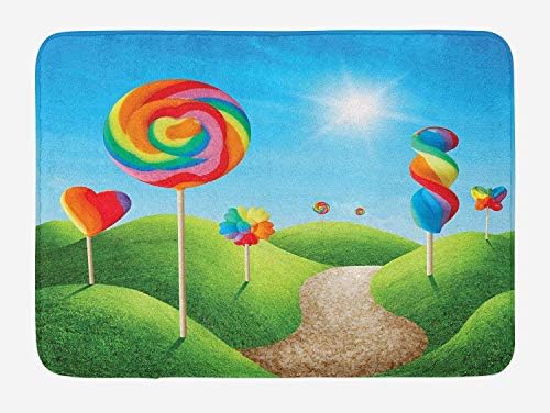 NasNew Doormats Fantasy Bath Mat, Fantasy Candy Land with Delicious Lollipops and Sweets Sun Cheerful Fun Print, Plush Bathroom Decor Mat with Non Slip Backing, 23.6 W X 15.7 W Inches, Green Blue Red
