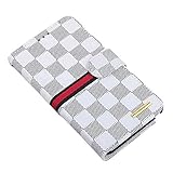RAYTOP Luxury Brand Designer White Checks Leather Cases Covers Wallet for Samsung Galaxy Note 2 N7100 Note2 Women Men Classy Classic Simple Design Card Holder Magnetic Clasp Hand String Business Style