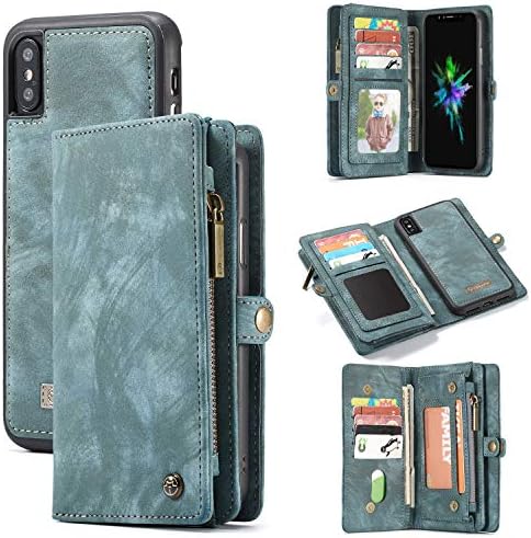 iPhone Xs Max Case Wallet,AKHVRS Premium PU Leather Folio Flip Cover and Zip Detachable Magnetic+11Credit Card Slots+Side Cash Pocket and Money Pocket Clutch Cover for 6.5 Inch iPhone Case Blue