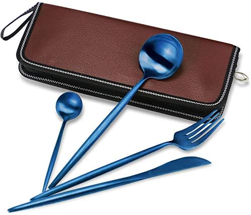 Spanish Stainless Steel Flatware Set, Kitchen Utensil Set, Tableware Cutlery Set for Home and Restaurant, Dishwasher Safe (4pcs blue with a leather box)