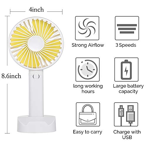 Battery Handheld Fan, Portable Battery Operated Fan : Rechargeable & Adjustable 3 Speeds Mini Personal Electric USB Fan with Desk Stand for Home/Office/Travel/Outdoor (White)