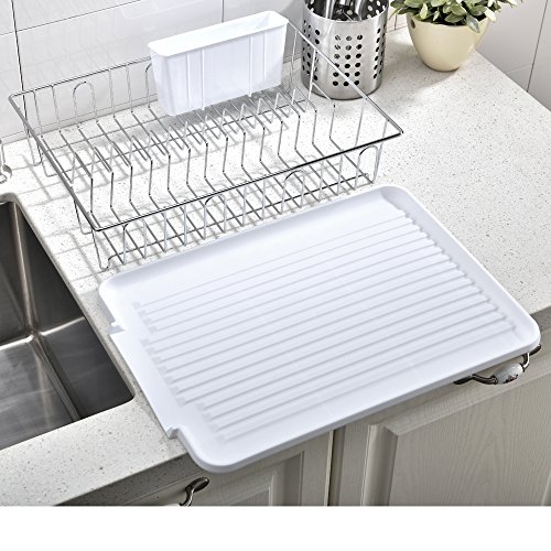 VCCUCINE Modern Kitchen White Chrome Metal Wire Dish Drying Rack, Dish Rack with Drainboard and Cutlery Cup Utensil Organizer Holder