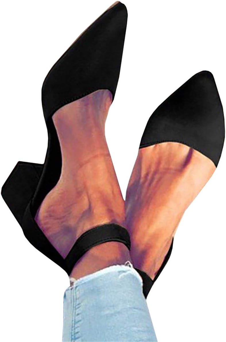 Womens Pointed Toe Ankle Strap Buckle Low Chunky Heel Pumps Shoes Sandals