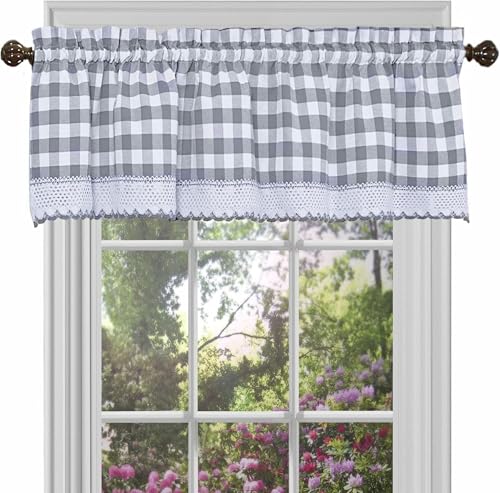 ACHIM Buffalo Check Valance Window Curtains - 58 Inch Width, 14 Inch Length - Grey & White Plaid - Light Filtering Farmhouse Country Drapes for Bedroom Living & Dining Room Home Decor
