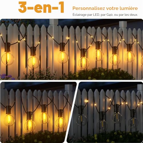 Outdoor Solar String Lights, 12M/39.4Ft Solar String Lights with 14+1 G40 Bulbs and 26 LED Beads, 19 Modes Waterproof IP44 Outdoor String Lights for Garden, Terrace, Wedding, Party