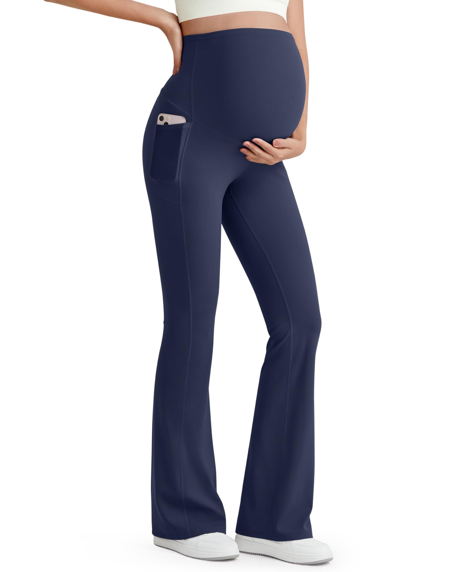 Photo 1 of G4Free Maternity Pants for Work with Pockets Pregnancy Outfits Postpartum Flare Yoga Leggings for Casual Athletic Workout (Royal Blue,XL,31")