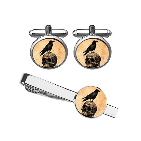 ZUNON-Skull-Cufflinks-Vintage-Raven-Crow-Birds-Gothic-Tie-Clips-Halloween-Mens-Novelty-Gift-with-Box-Silver-Cufflink-Tieclip-Set