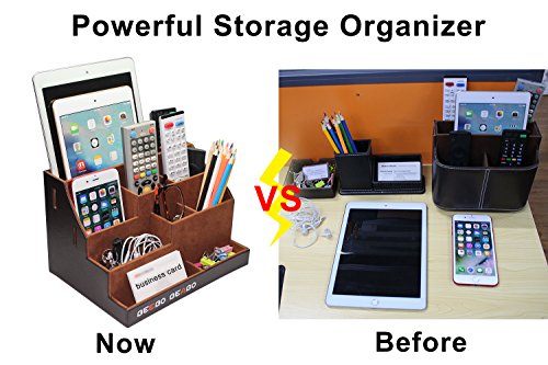 Remote Control Holder Organizer Stand for Table, Large Brown PU Leather Remote Control Holders/Storage /Organizer/Caddy with 9 Spacious Compartments, Multifunction Home Office Desk Organizer - Thumbnail 4