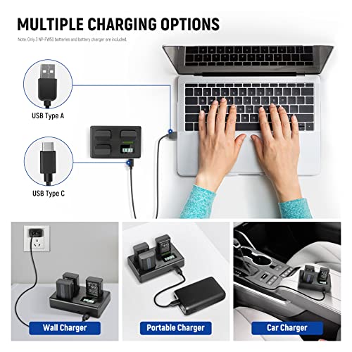 NEEWER NP-FW50 3 Pack Replacement Battery and Charger 1100mAh NP-FW50 and Triple Slot USB Charger Compatible with Sony ZV-E10 A7 A7R A7RII A7II A7SII A7S A7RII A6300 A6400 A6500 RX10