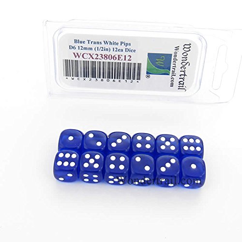 Blue Translucent Dice White Pips D6 12mm Pack of 12 Wondertrail WCX23806E12