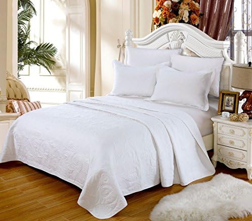 Lush Decor 100% Cotton 3 Pieces Quilt Sets Bedspread Coverlets with Pillow Shams Quilted with Floral Embroidery Pattern Durable Reversible and Hypoallergenic Solid White Queen Size by SUBAO Bedding