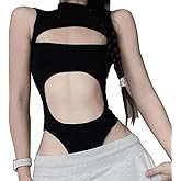 SINROYEE Women's Bodysuit Tops Sexy Hollow Out Summer Streetwear Outfit Gothic Jumpsuit T Shirt Short Sleeve Sleeveless