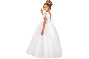 JISISANG Flower Girls Lace Cap Sleeve Dress for Wedding Puffy Tulle Back V-Neck Pageant Prom Ball Gown with Bow