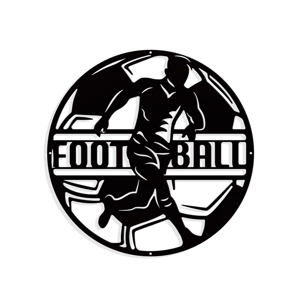 NBEADS Soccer Theme Metal Wall Art Decor, Flat Round Matte Black Wall Hanging Decor Silhouette Wall Art for Home Bedroom Living Room Garden Hotel Office Wall Decoration, 27.18cm