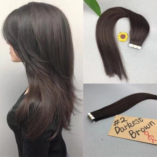 20" 20Pcs 40Gram Weight Tape on Hair Extensions Color #2 Darkest Brown Tape in Human Hair Extensions Single Sided Tape 100% Real Human Hair Extensions 20inch