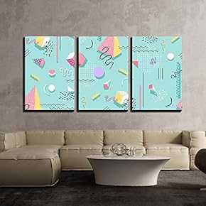 3 Piece Canvas Wall Art - Vector - Memphis Pattern of Geometric Shapes for Tissue and Postcards - Modern Home Art Stretched and Framed Ready to Hang - 16"x24"x3 Panels