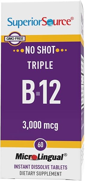 SUPERIOR SOURCE NO SHOT TRIPLE B-12 3,000 MCG – CARDIOVASCULAR SYSTEM & ENERGY SUPPORT SUPPLEMENT – HEART HEALTH SUPPORT SUPPLEMENT WITH METHYLCOBALAMIN – 60 INSTANT DISSOLVE TABLETS