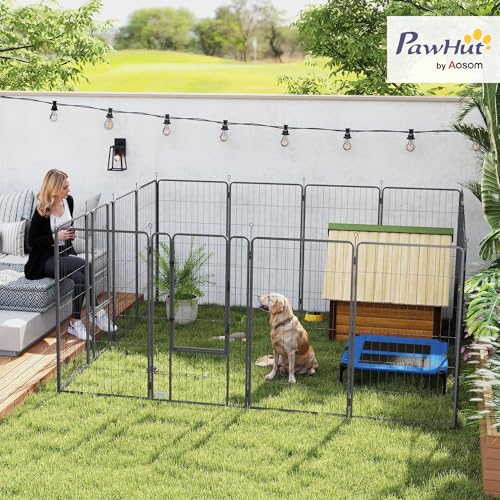 PawHut 16 Panels Dog Playpen, 27" W x 47" H Portable Heavy Duty Pet Fence with Door & Strap for Indoor Outdoor Backyard Garden, Foldable Puppy Pet Pen for Large Dogs