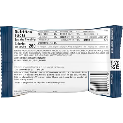 CLIF BAR – PEANUT BUTTER BANANA WITH DARK CHOCOLATE FLAVOR – MADE WITH ORGANIC OATS – 10G PROTEIN – NON-GMO – PLANT BASED – ENERGY BAR – 2.4 OZ.