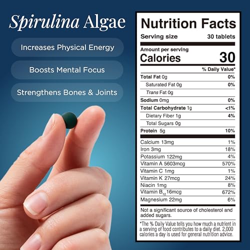 ENERGYBITS Organic Spirulina Tablets (1000 Algae Tablets) Natural Superfood for Energy, Fitness & Focus - 5g Protein, 1 Calorie, Sugar Free - Omega 3 - Spirulina Capsules - Gluten Free, Keto & Vegan