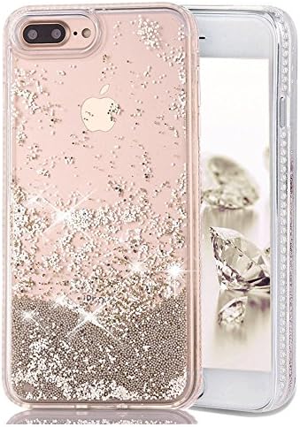 iPhone 7 Plus Case, Toposend Liquid Case Fashion Creative Design Flowing Liquid Floating Luxury Bling Glitter Beads Sparkle with Carved Rhinestone Diamond TPU Bumper for iPhone 7 Plus (Champagne Gold)