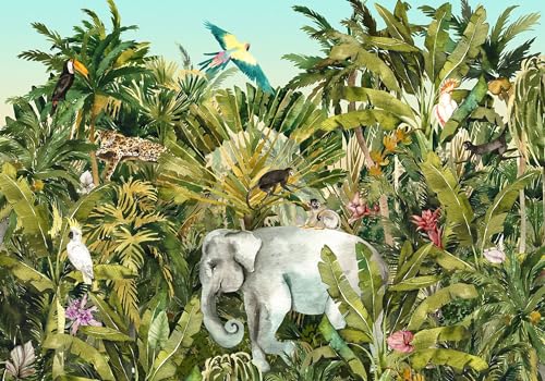 Komar Vlies Fototapete - Jungle Expedition - Größe: 400 x 280 cm (Breite x Höhe) - Dschungel, Regenwald, Elefant, Kinderzimmer, Tapete - IAX8-0002