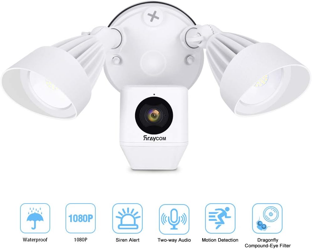 Rraycom Floodlight Camera with Motion Sensor Light, 1080P HD Wireless Security Camera System Two Way Talk with Motion-Activated & Siren Alarm,Remote Control for Backyard&Outdoor,Rain Cap Weatherproof