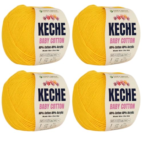 Keche Cotton Yarn, 60% Cotton 40% Acrylic Yarn, Soft Cotton Yarn for Crochet and Knitting, Amigurumi Yarn 4 Skeins/Balls [1.76 Oz (50g) / 180 Yrds (165m)] x 4 - Yellow