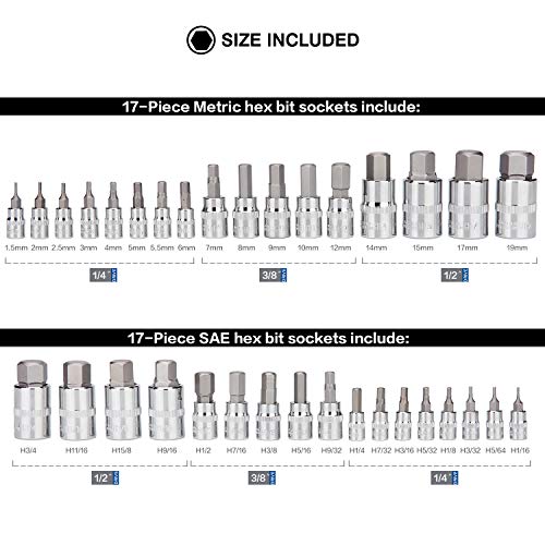 Master Hex Bit Socket Set Allen Wrench Bit Kit, 1/2" 3/8" 1/4" Drive, SAE and Metric, S2 Steel, 34-Piece, Automotive Bike Motorcycle and ATV