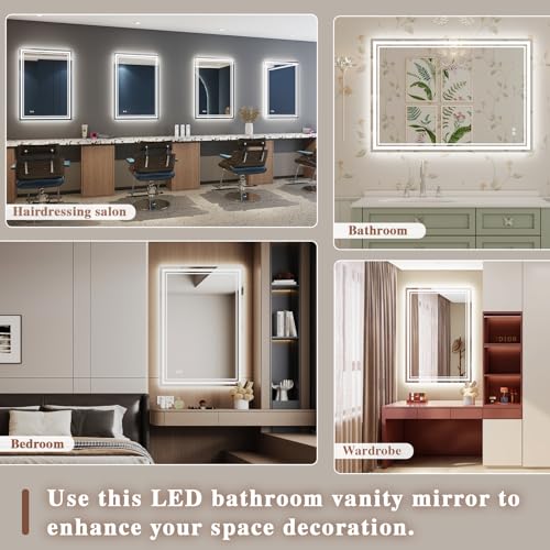 Archaluxe Bathroom Mirror with LED Light: 45x60cm Illuminated Wall Mounted LED-Bathroom-Mirror with Shaver Socket, Anti-Fog,3 Colors Dimmable, Memory Function, IP44 Smart Mirror Horizontal/Vertical