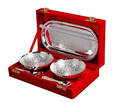 Jaipur Ace Silver Plated Brass Bowl Set | Premium Quality Bowl With Tray & Spoon | Best For