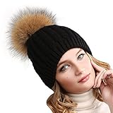 Women Winter Knitted Pom beanie-Fur Hat Big Raccoon Pom Pom Hat Women Crochet Knit Bobble hat