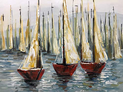 V-inspire Paintingsï¼Œ24x48 Inch Oil Hand Painting Sailing Boat on Blue Sea Warm Color Painting Style Home Decoration Wood Inside Framed Ready to Hang