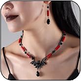kepvrio Gothic Witch Jewelry Set for Women Halloween Dark Bat Spider Necklace Earrings Set Goth Black Crystal Vampire Bead Choker Earrings Halloween Bridal Witch Costume Accessories