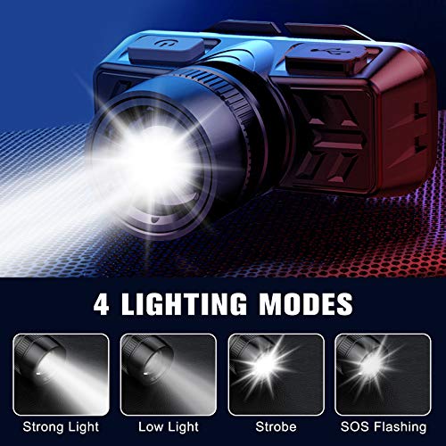 Cocoda Linterna Frontal Led USB Recargable, Zoomable Luz y 4 Modos de Luz de 90° Ajustable Linterna de Cabeza, Impermeable Frontal Cabeza Luz para Acampar, Correr, Pescar, Ciclismo