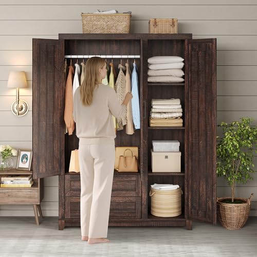Jocisland Farmhouse 3 Door Wardrobe Closet with 2 Drawers & Hanging Rod, 47" Large Armoire Storage Cabinet with Adjustable Shelves, Freestanding Clothing Organizer for Bedroom, Barnwood Brown