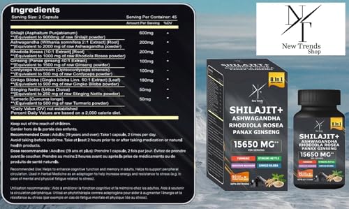 8-in-1 Shilajit Himalayan Organic Supplement with Shilajit 9000, Ashwagandha 2000MG, Rhodiola Rosea 1000MG, Panax Ginseng 1500MG, Cordyceps Mushroom 500MG, Gingko Biloba 500MG, Stinging Nettle 250MG, Turmeric (15,250 MG - 90 Caps)