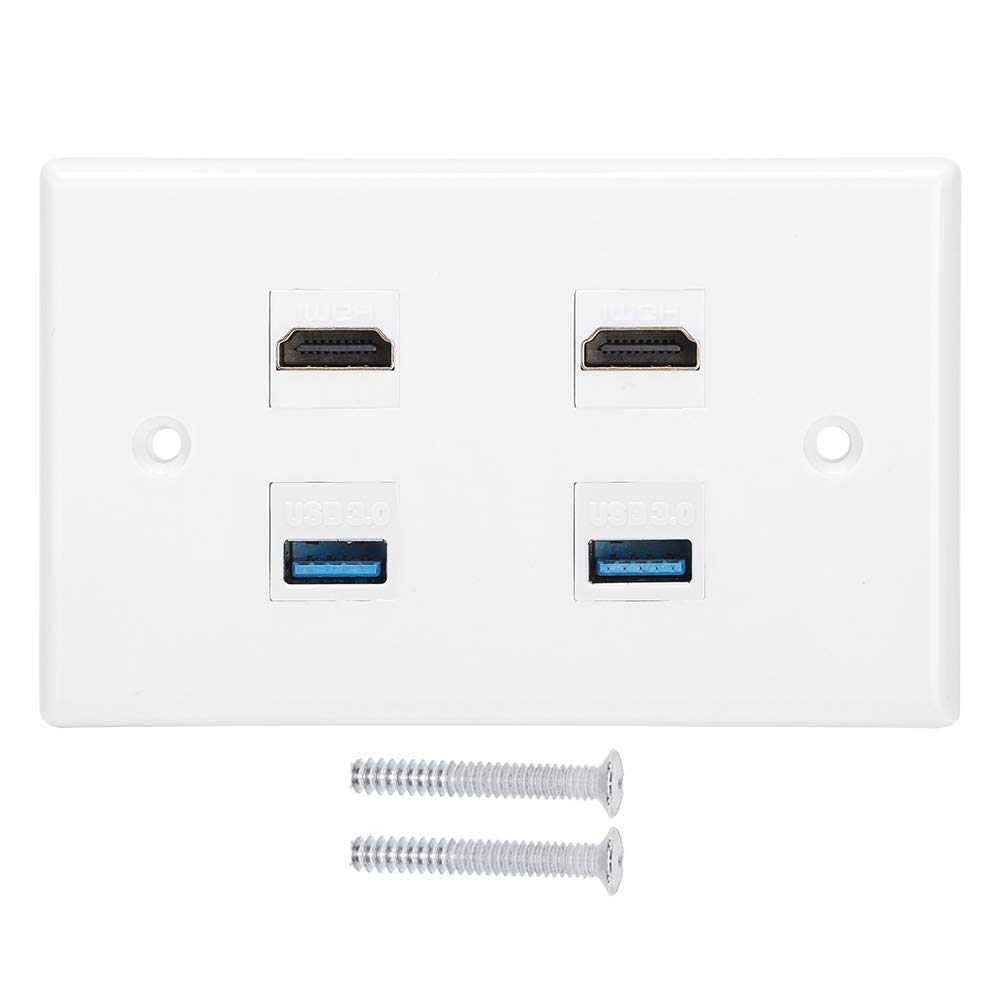 AUNMAS HDMI Wall Plate, 2 HDMI Female to Female Buckle + 2USB Buckle Wall Plate Panel USB Wall Charger Outlet White ABS Shock Proof HDMI Plate for Home Hotel