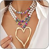 Y2k Pearls Turquoise Gold Jewelry for Women Chunky Large Heart Layered Long Pearl Beaded Pendant Necklace Love Shaped Statement Colorful Necklaces