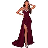 Women's Spaghetti Strap Rhinestone Evening Gown, V Neck Sparkly Formal Dress for Wedding Guest Party Club Night Prom