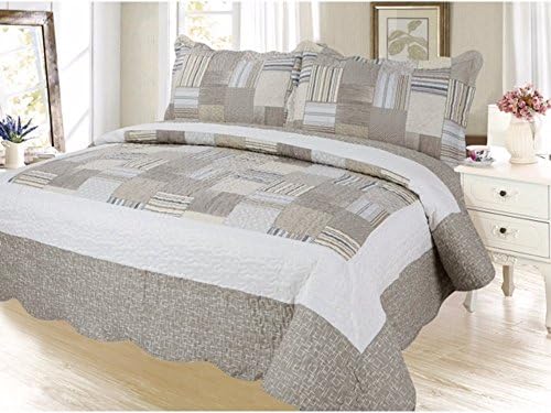 sazanasazana Plaid Printed Bedding 3 Piece Bedspread Quilt Set, Queen, Khakhi Beige