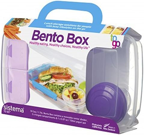 Sistema to Go 59.5 Ounce/1.65 Liter Large Bento Box with Moveable Divider, Hinged Snack and Dip Compartments, and Yogurt Pot (Purple)