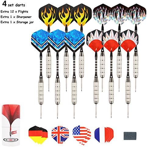 ARIZZ 12 Pack Steel Tip Darts 22 Grams with Aluminum Shafts and 8 Style Flights + Extra Dart Sharpener