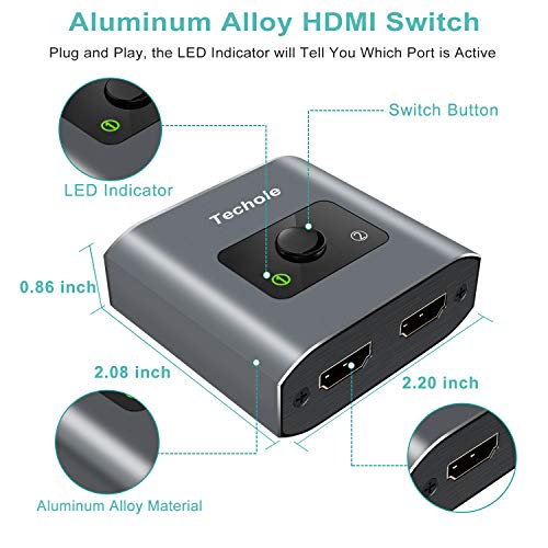 HDMI Switch 4K HDMI Splitter-Techole Aluminum Bi-Directional HDMI Switcher 2 Input 1 Output, HDMI Switch Splitter 2 x 1/1 x 2. No External Power Required, Support 4K 3D 1080P for Xbox PS4 Roku HDTV