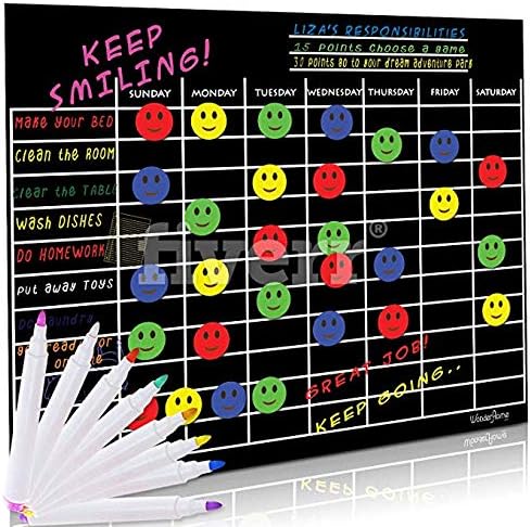Magnetic Responsibility Chart Dry Erase Board 13" X 16" Refrigerator Good Behavior Chart for Kids/Toddlers/Family Activity Chore Chart/Star Reward Chart Black Fluorescent with 8 Markers
