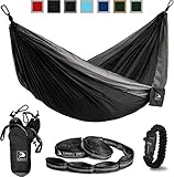 Flagship-X Double Camping Hammock with Tree Straps and survival bracelet fire starter. For backpacking, 2 person travel hammock. (Black & Grey)