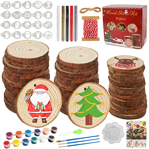 Christmas Wooden Ornaments, 40PCS 2.5-3.0in Natural Unfinished Wooden Slices with Predrilled Hole, Wood Craft Supplies with Rope, Acrylic Paint, Markers for Tree Table Decoration