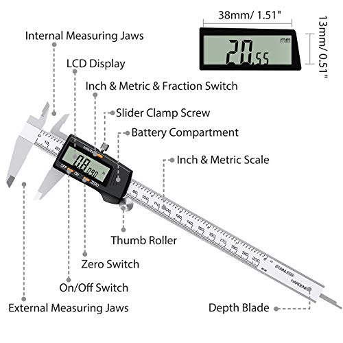 eSynic Calibrador Calibre Digital 200mm/8inch Pie de Ray Pinzas de Precision con Fracciones Pulgadas Metrica Conversor… - Imagen 3