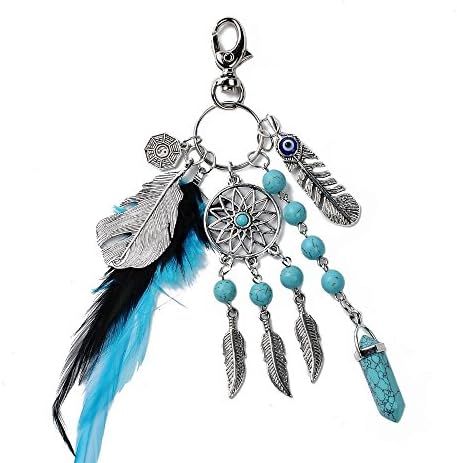 AlohhaKeychain Natural Turquoise Dreamcatcher Keyring Fashion Silver Boho Ornament Feather Leaf Keychain for Woman and Girl (Leaf Keychain 04)